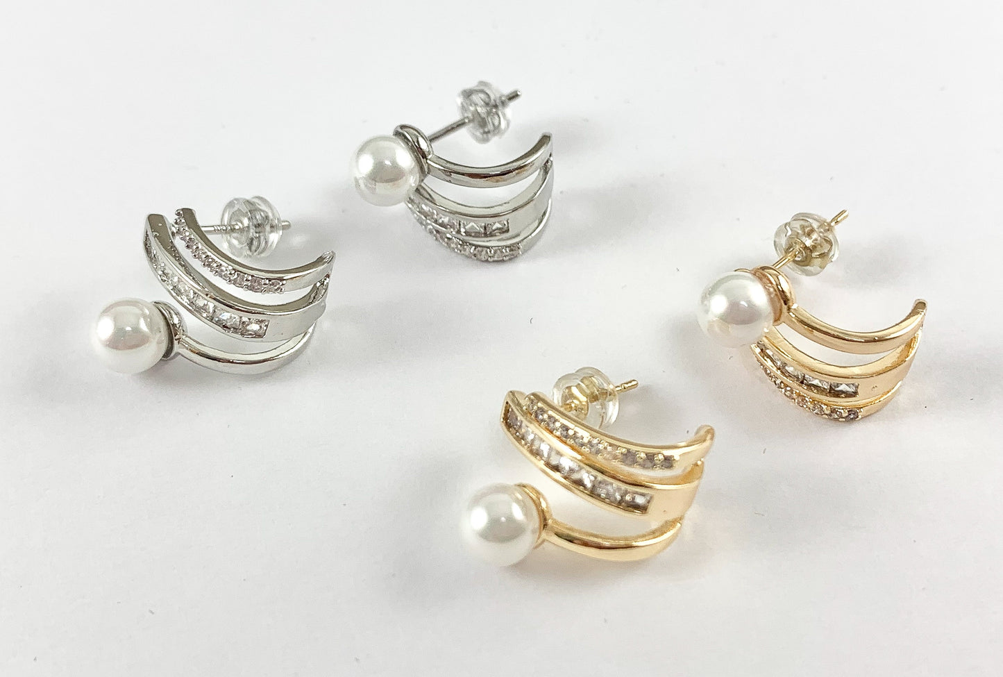 Sophisticated Pearl Wrap Earrings in CZ Pave Rhinestones 18K gold or silver plated Copper 3 pairs