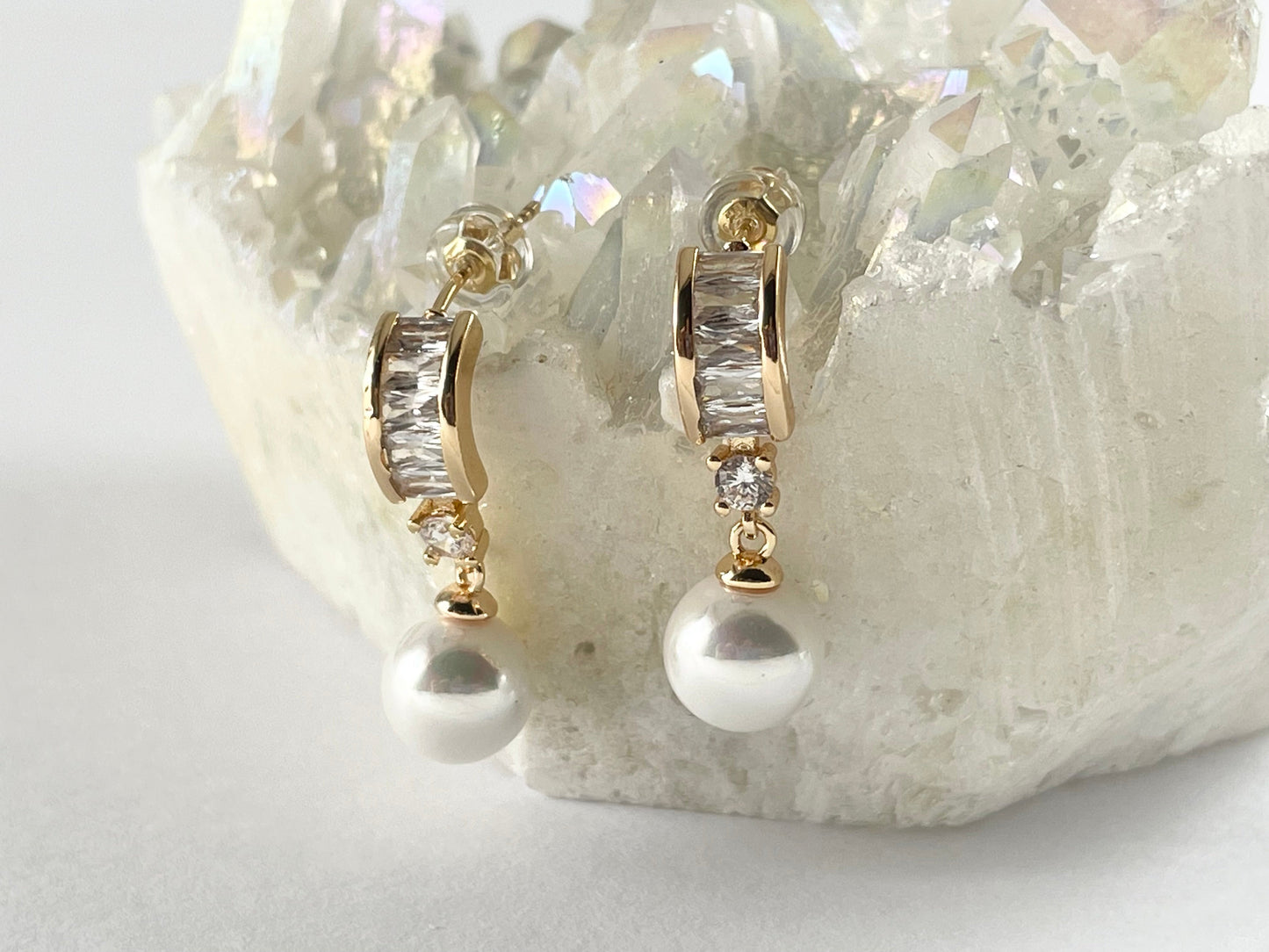 18K Gold/Silver Plated CZ Pave Baguette Dainty Pearl Drop Earring Over Copper 3 pairs