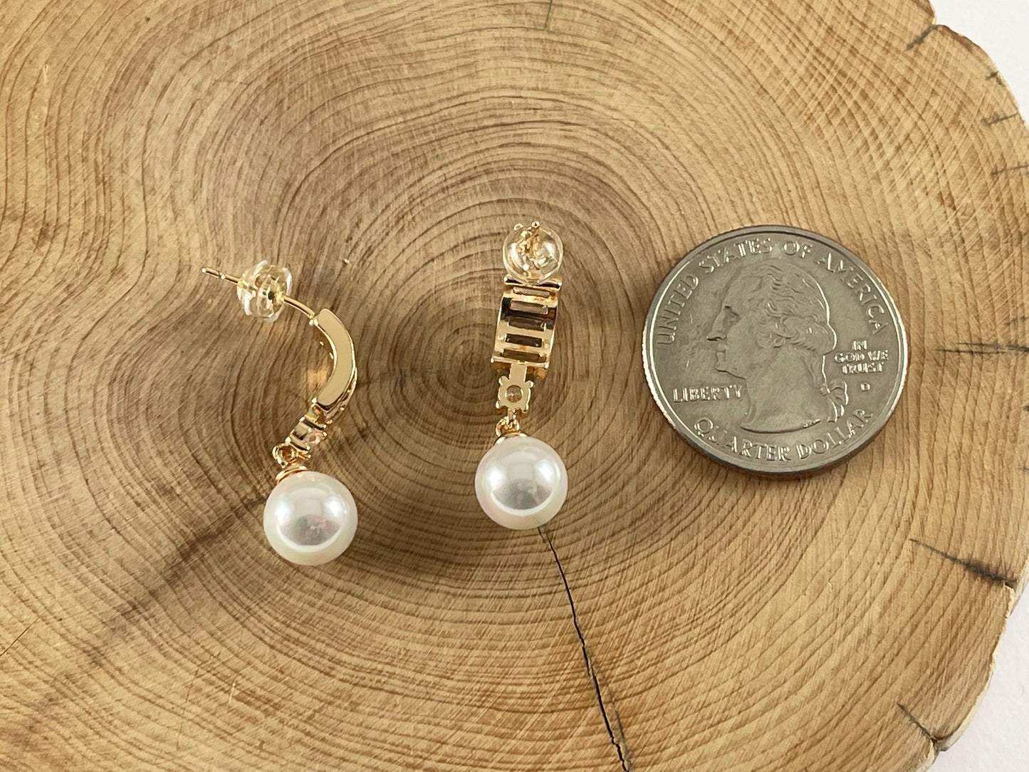 18K Gold/Silver Plated CZ Pave Baguette Dainty Pearl Drop Earring Over Copper 3 pairs
