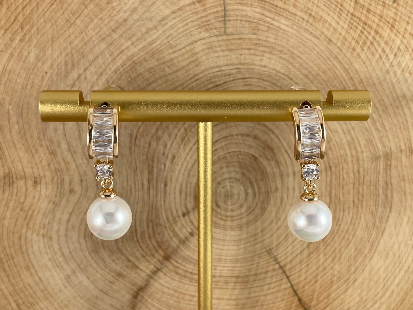 18K Gold/Silver Plated CZ Pave Baguette Dainty Pearl Drop Earring Over Copper 3 pairs