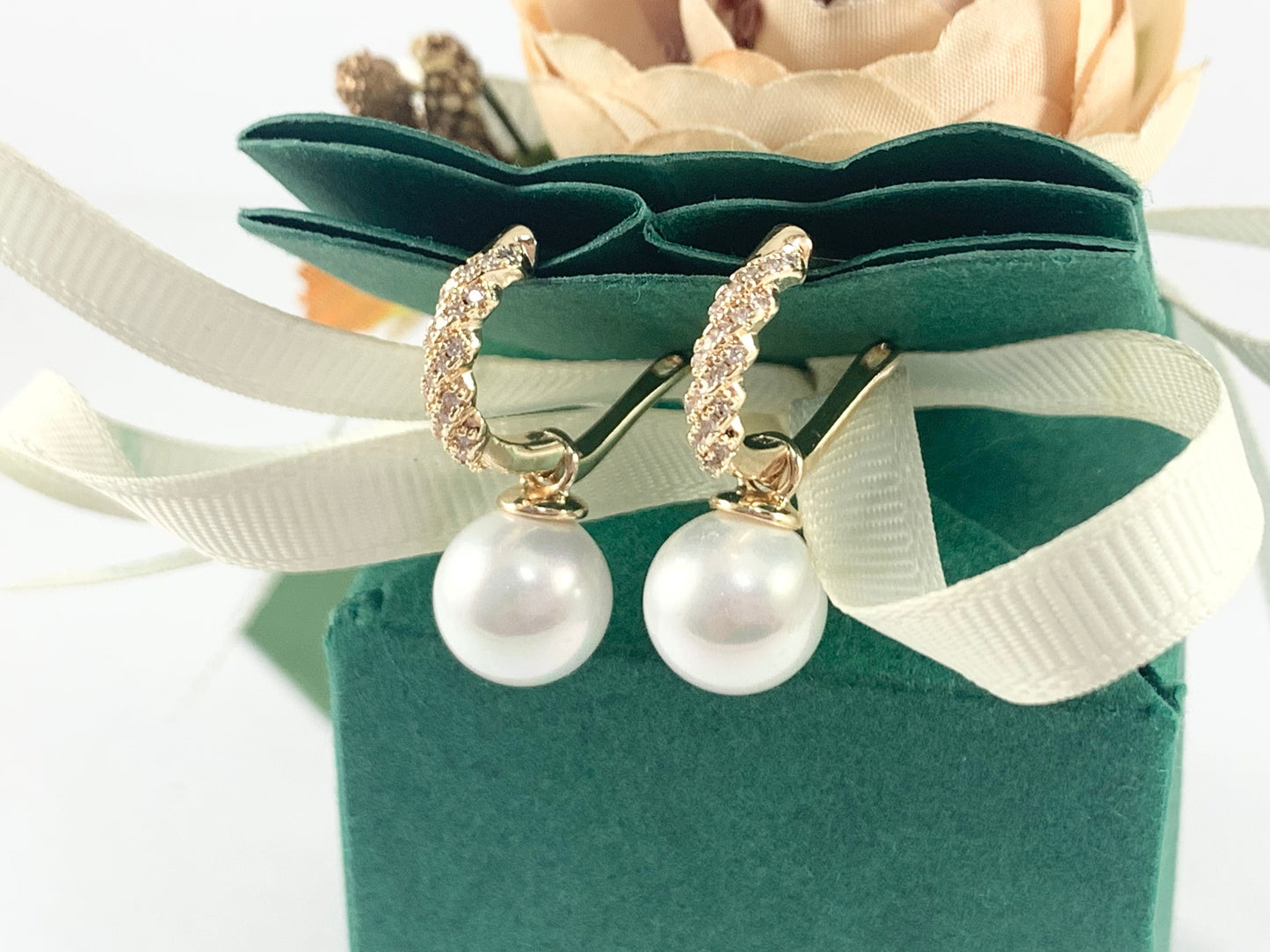 Elegant Pearl Drop Earrings in CZ Pave 18K gold Plated over Copper 3 pairs