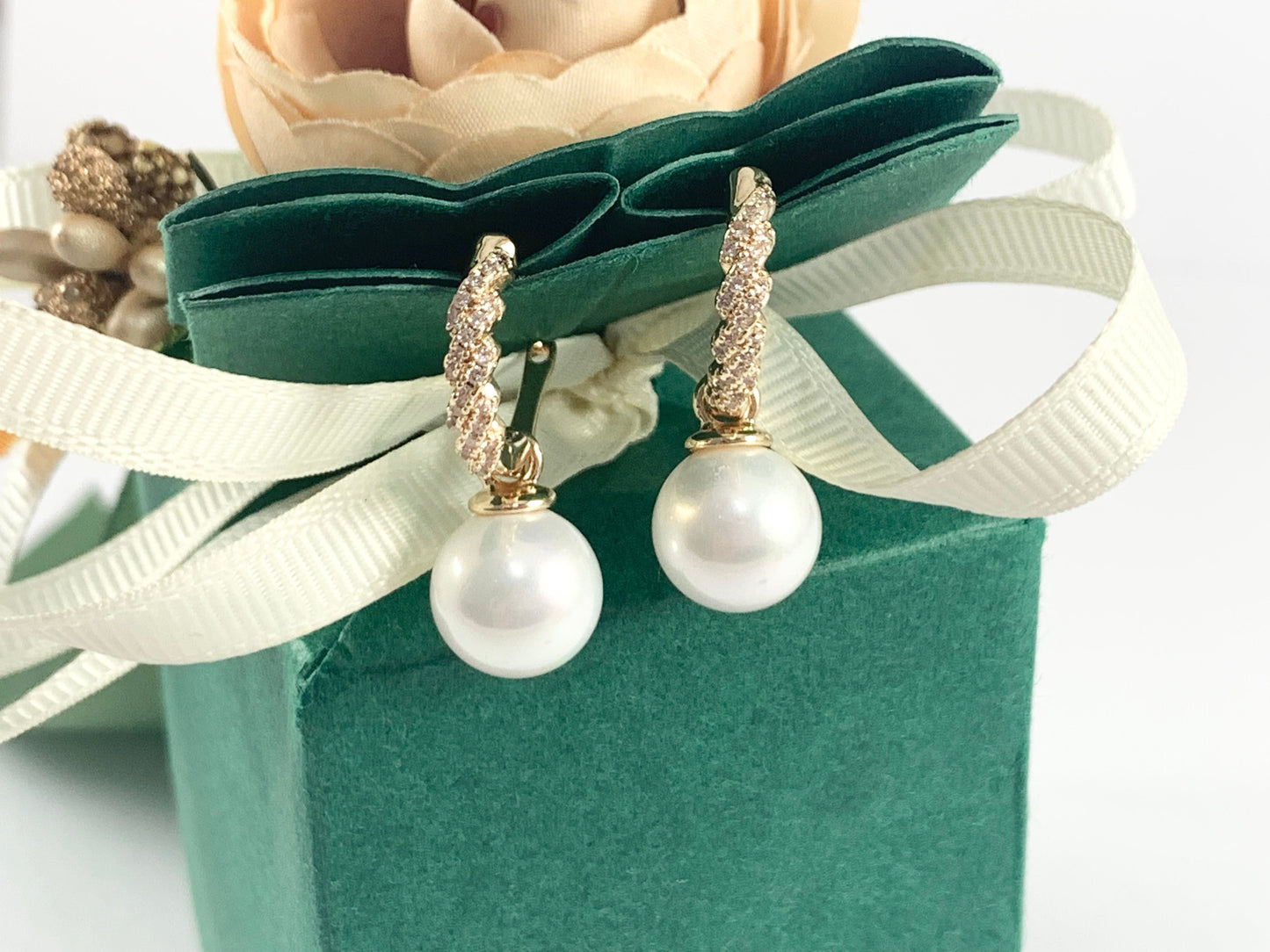 Elegant Pearl Drop Earrings in CZ Pave 18K gold Plated over Copper 3 pairs