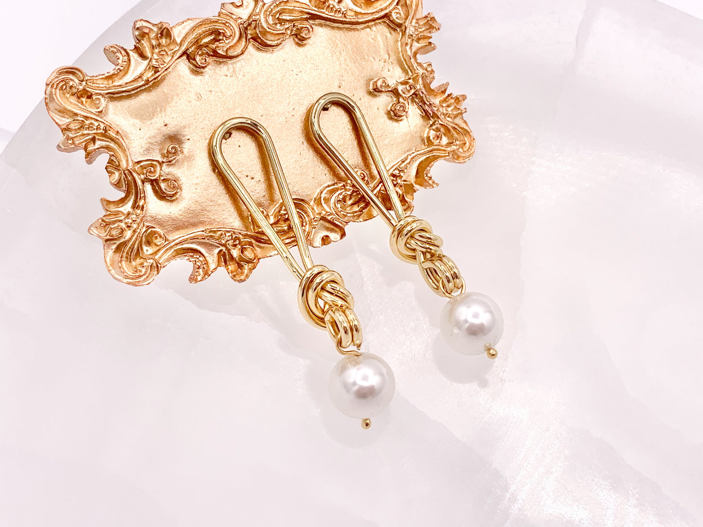 Beautiful Knot Wired Mother of Pearl Drop Earrings in 18K gold Plated over Copper 3 pairs