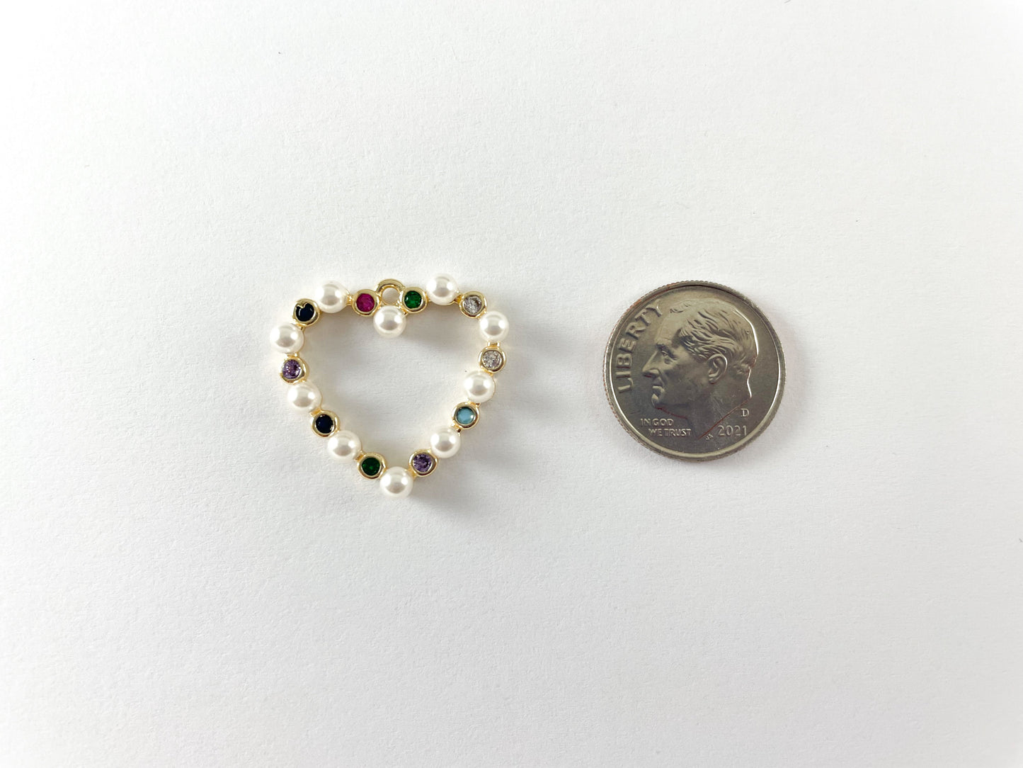 Real Gold 18K Plated Dainty Multi Cz Pave Pearl Heart Pendant Charm Over Brass 6pcs
