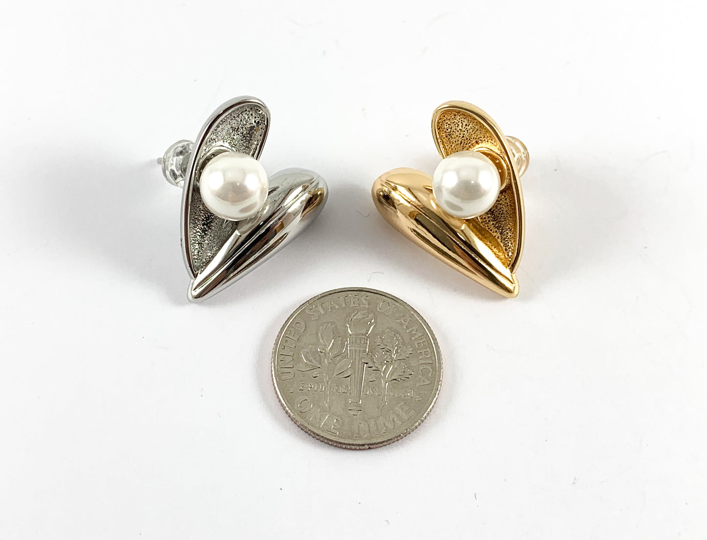 Real 18K Gold/Silver Plated Pearl Heart Earrings Over Copper 3 pairs