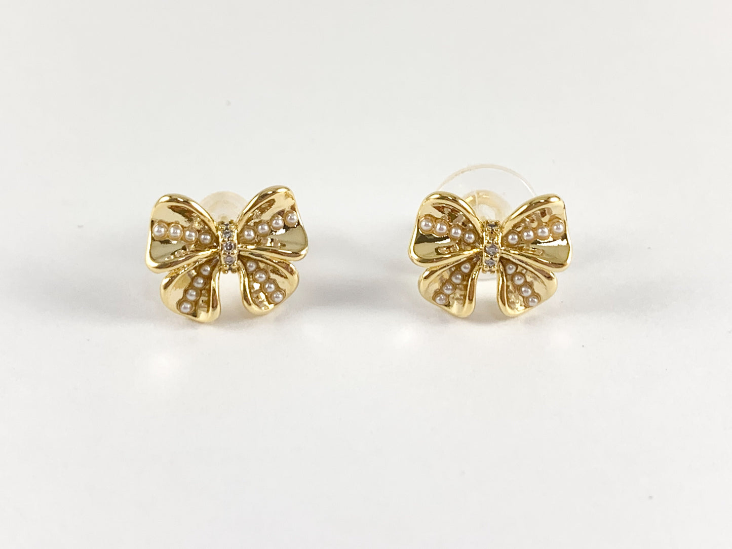 Cute Bowtie Studs with Pearls and CZ Pave in 18K Gold or Silver plated Copper 4 pairs