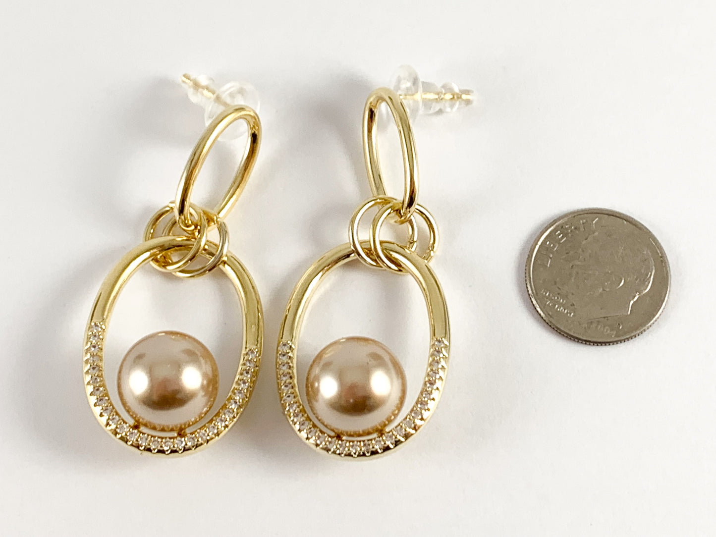 Elegant Champagne Pearl Oval Link in CZ Pave Bezel 18K gold Plated Copper 2 pairs