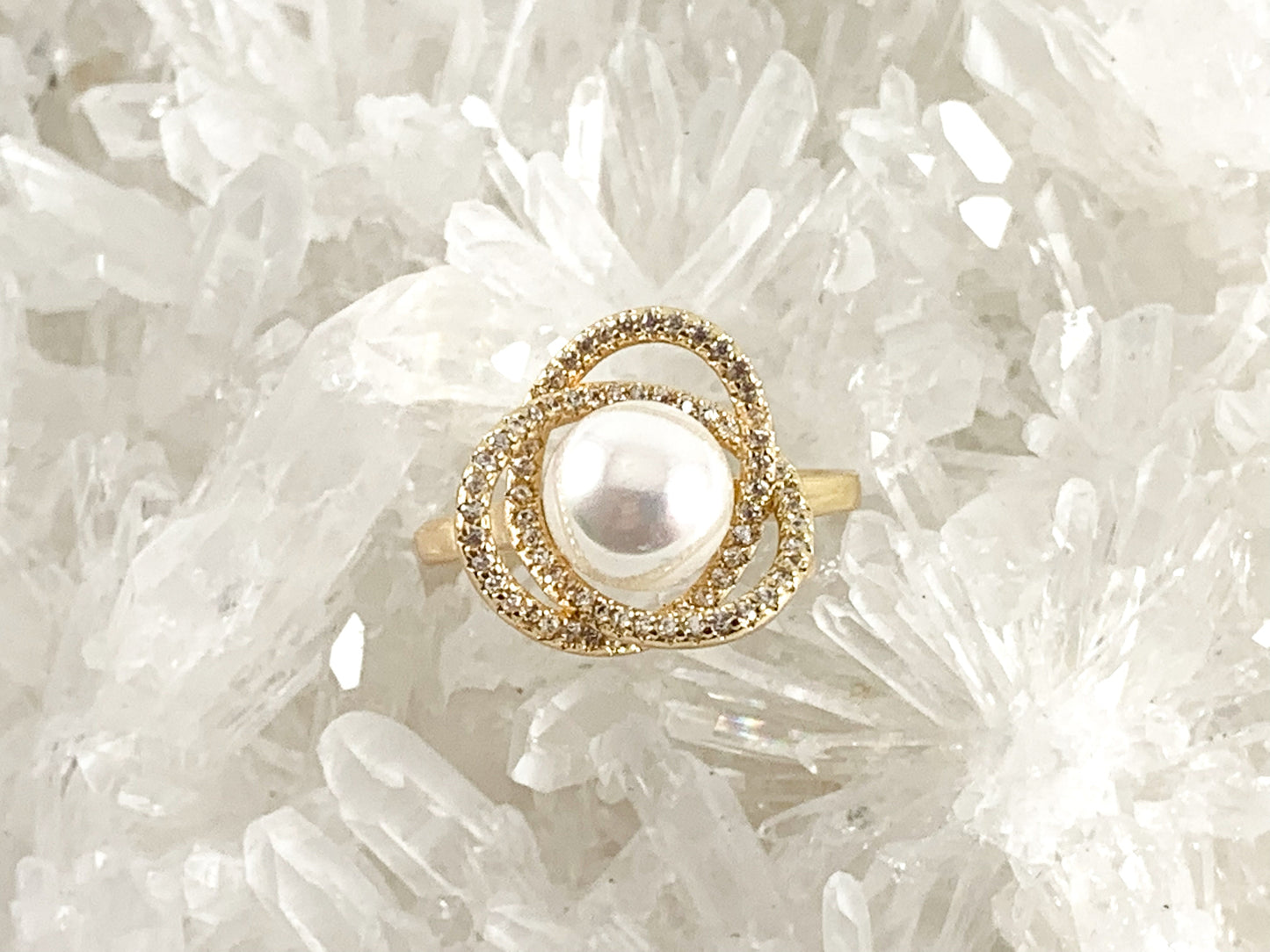 Real Gold 18K Plated CZ Pave Pearl Cluster Statement Adjustable Ring 4pcs