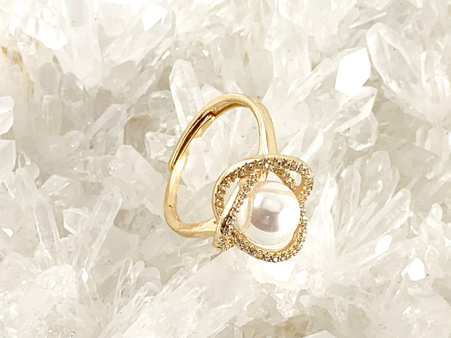 Real Gold 18K Plated CZ Pave Pearl Cluster Statement Adjustable Ring 4pcs