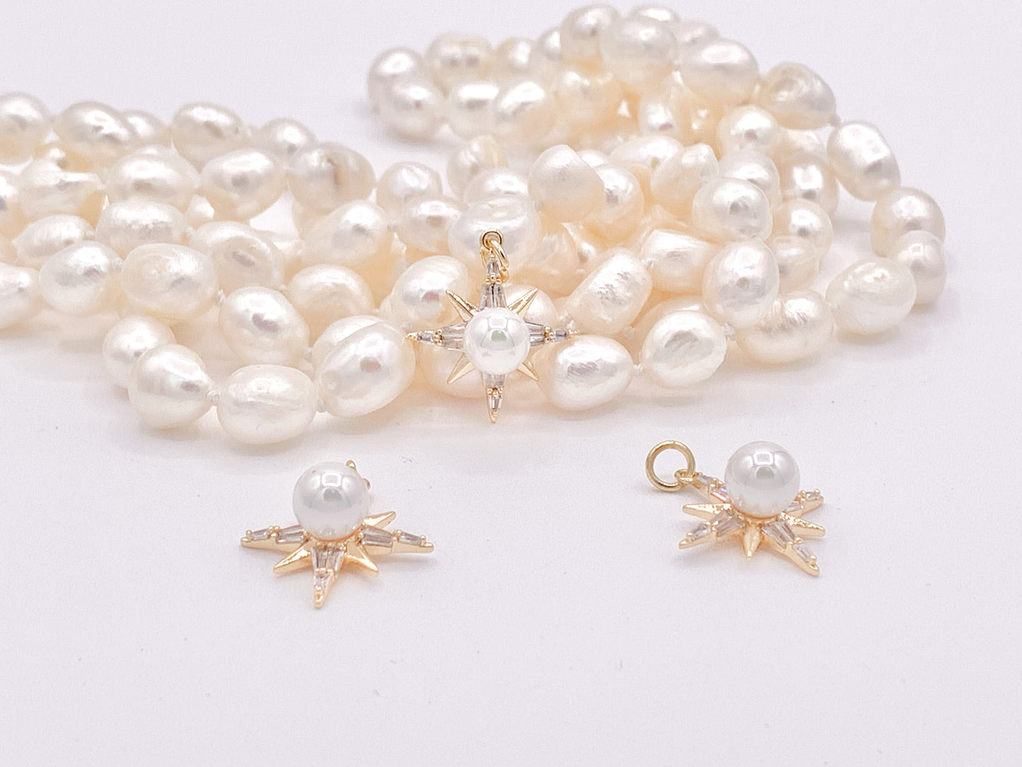 Mother Of Pearl CZ Pave Rhinestone Starburst Star Burst Pendant in 18K Gold plated Copper 6 pcs