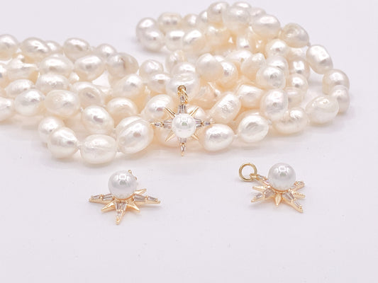 Mother Of Pearl CZ Pave Rhinestone Starburst Star Burst Pendant in 18K Gold plated Copper 6 pcs