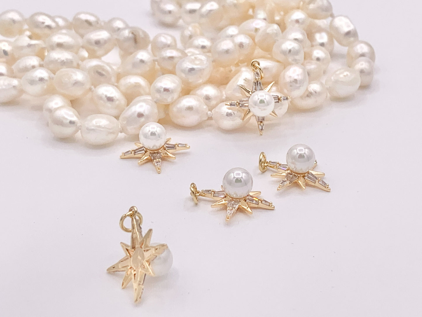 Mother Of Pearl CZ Pave Rhinestone Starburst Star Burst Pendant in 18K Gold plated Copper 6 pcs