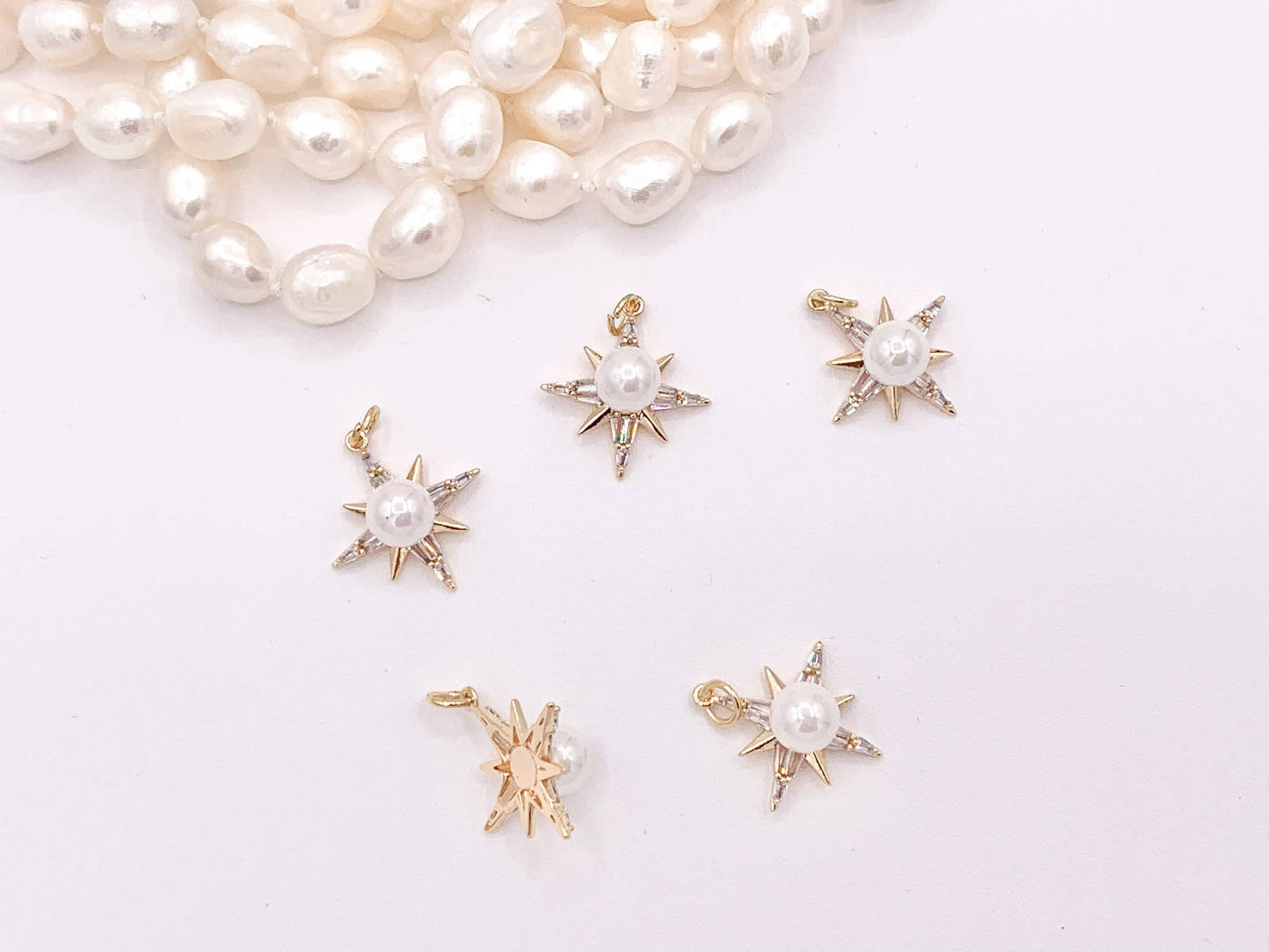 Mother Of Pearl CZ Pave Rhinestone Starburst Star Burst Pendant in 18K Gold plated Copper 6 pcs
