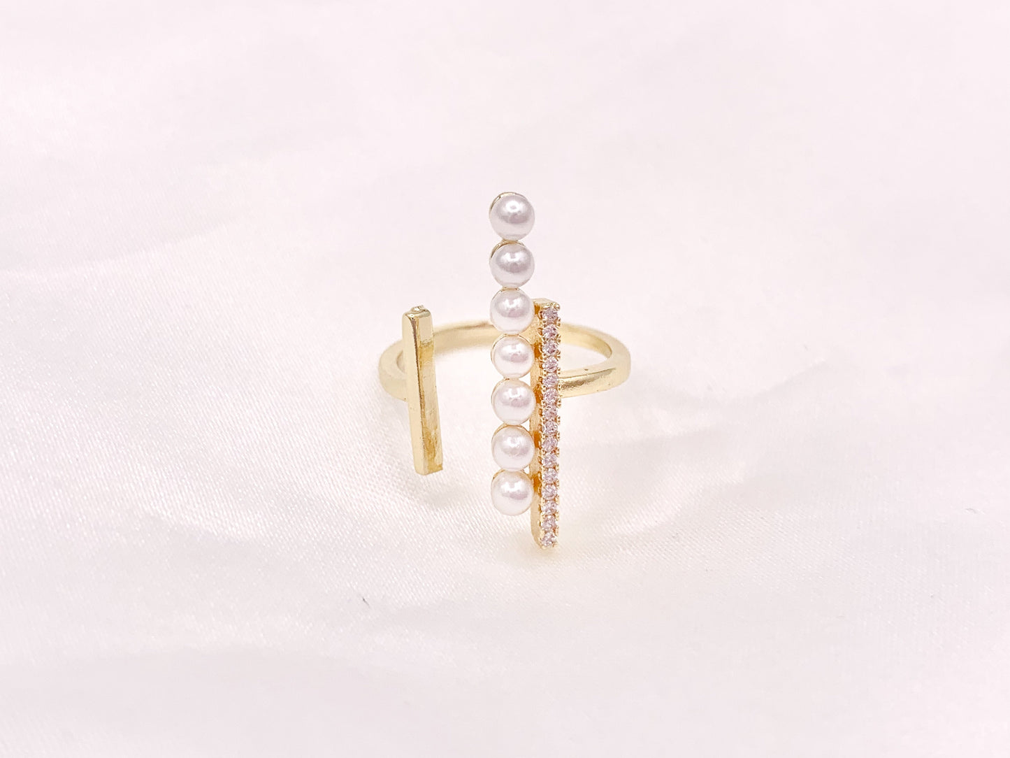 Statement Lined Pearl Cubic Zirconia Open Front Rings in 18K Gold or Silver Plated Copper 4 pcs