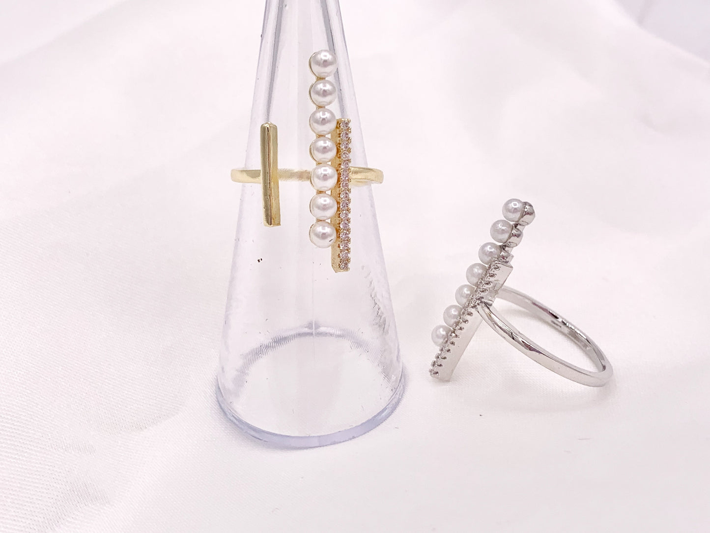 Statement Lined Pearl Cubic Zirconia Open Front Rings in 18K Gold or Silver Plated Copper 4 pcs