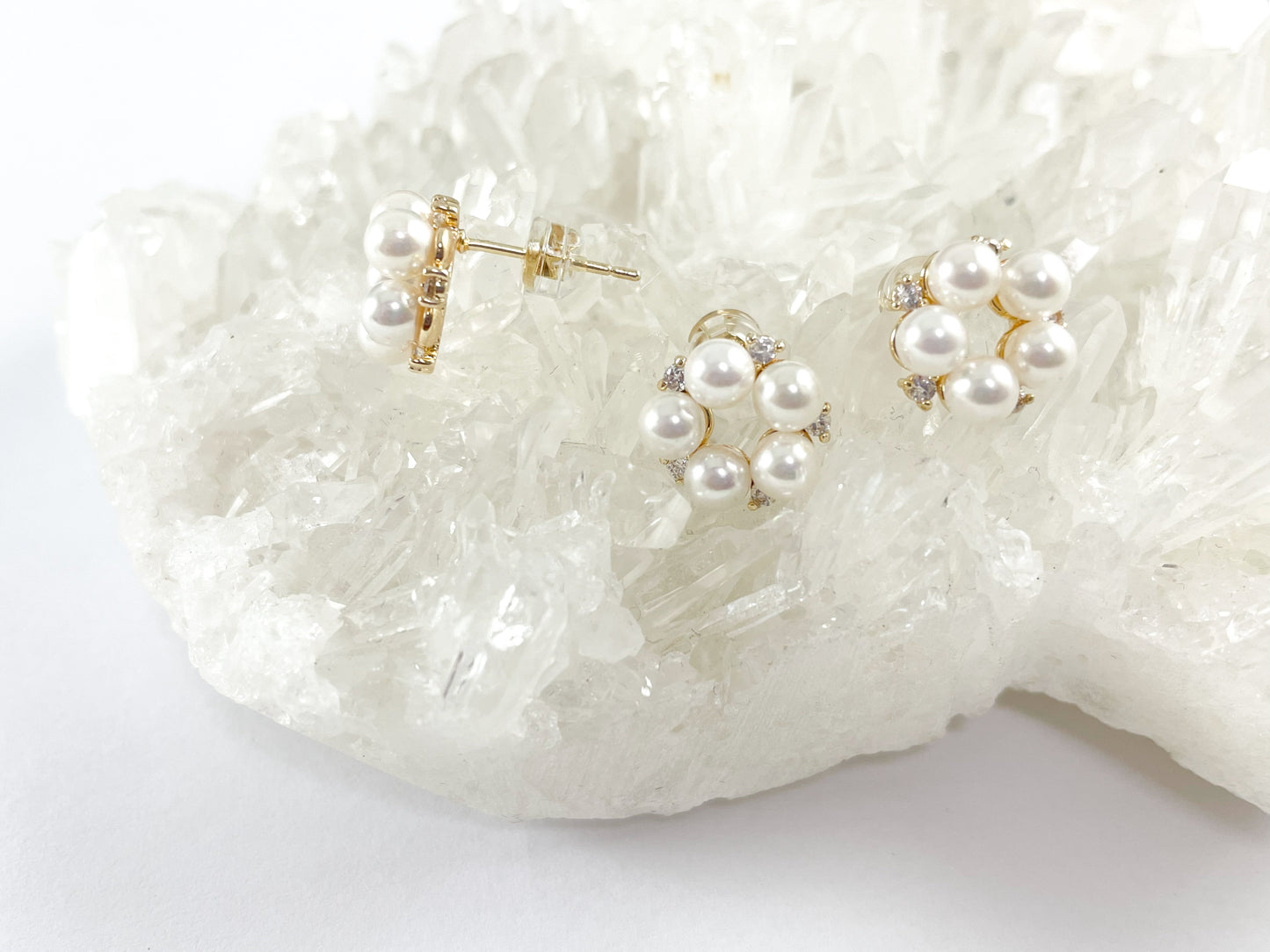 18K Gold Plated CZ Pave Pearl Floral Stud Earring Over Copper 3 pairs