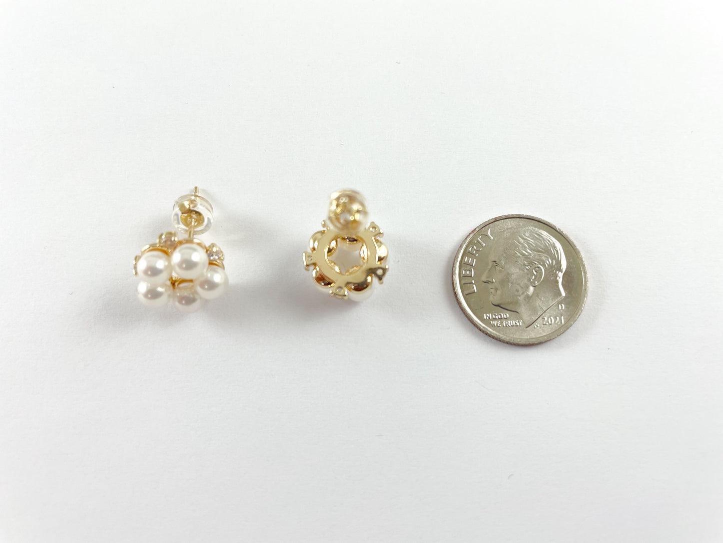 18K Gold Plated CZ Pave Pearl Floral Stud Earring Over Copper 3 pairs