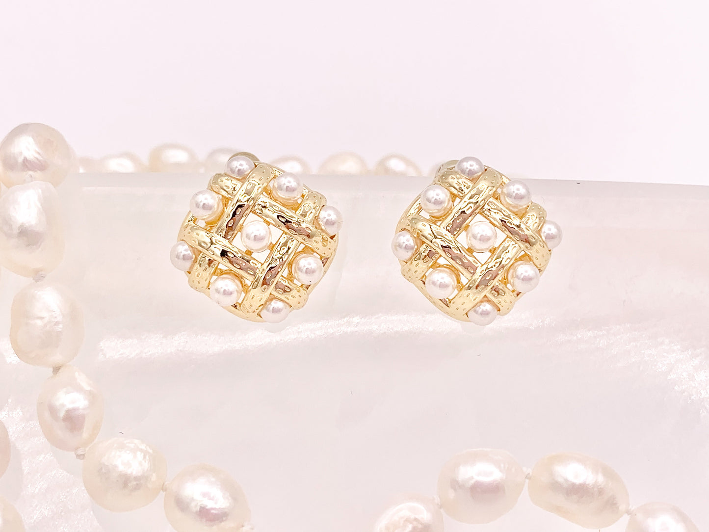 Elegant Unique Designed Pearl Diamond Shape Earrings in 18K Gold or Silver Plated Copper 3 pairs