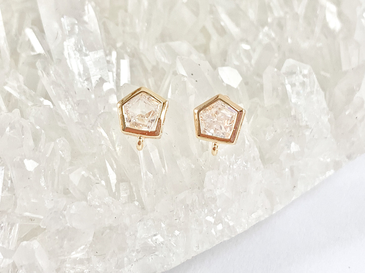 Dainty Pentagon Shaped CZ Pave Earring Component with Loop in 18K gold plated Copper 4 pairs