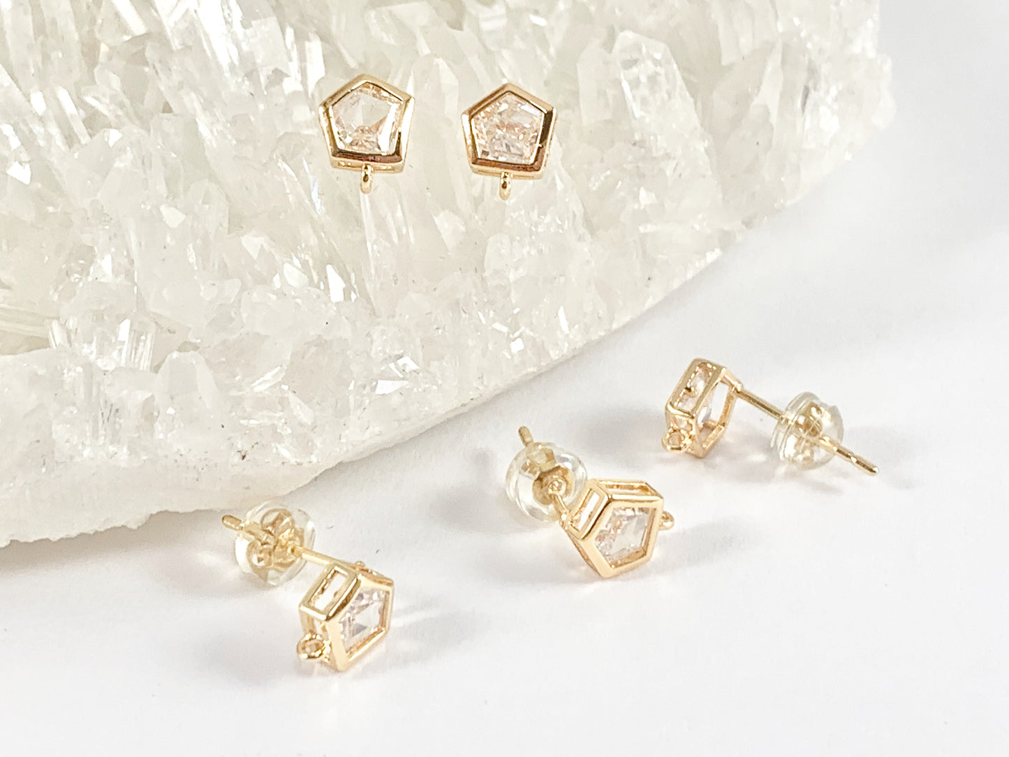 Dainty Pentagon Shaped CZ Pave Earring Component with Loop in 18K gold plated Copper 4 pairs