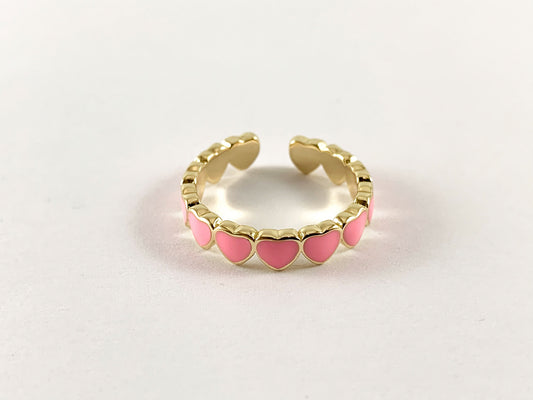 Pink Hearts Enamel 18K Gold Plated Copper Adjustable Ring 4 pcs