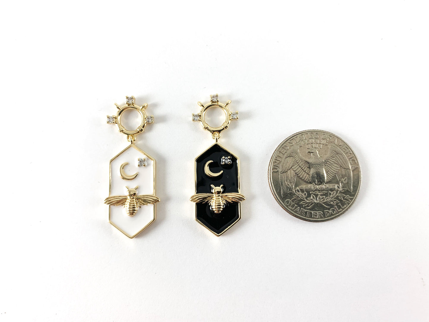 18K Gold Plated Brass Enamel & CZ Pave Golden Bee Moon Star Pendant Charm 6pcs