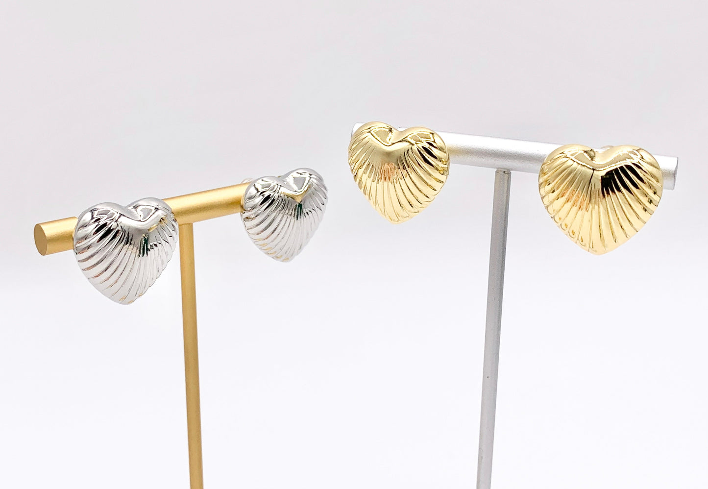 Puffy Hollow Heart Earring Studs in Real 18K Gold and Silver Plated Over Copper 4 pairs