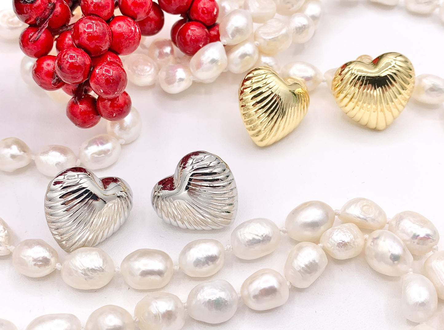 Puffy Hollow Heart Earring Studs in Real 18K Gold and Silver Plated Over Copper 4 pairs