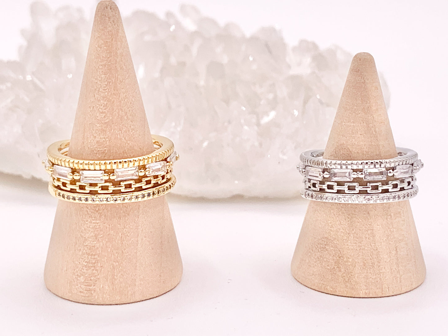 Vibrant Quadruple Quad CZ Pave Baguette Link Rings in 18K gold or Silver Plated Copper 4 pcs