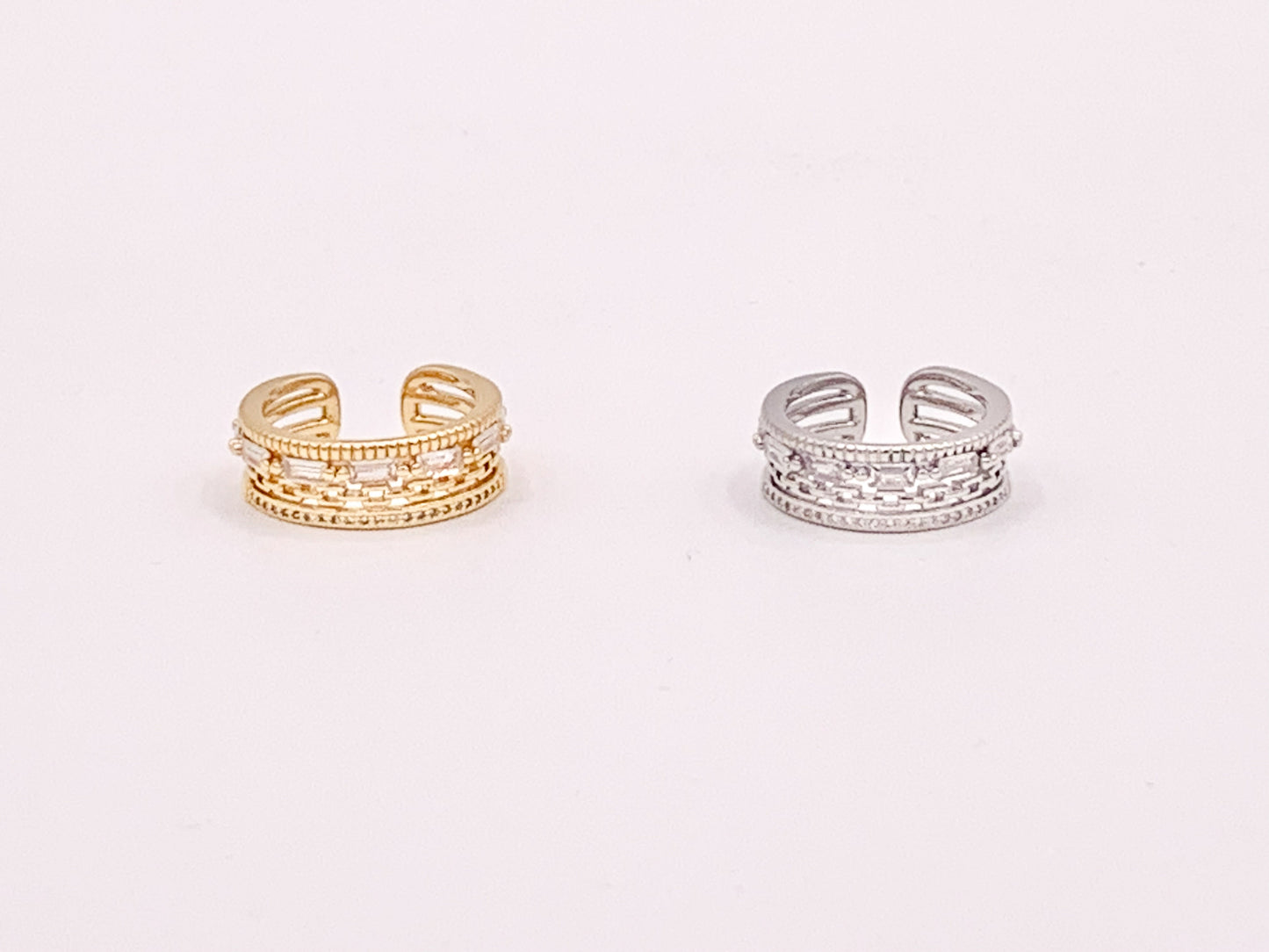 Vibrant Quadruple Quad CZ Pave Baguette Link Rings in 18K gold or Silver Plated Copper 4 pcs