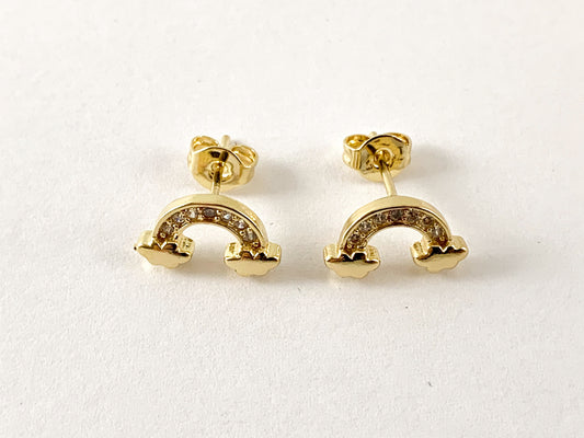 Real Gold Plated CZ Pave Rainbow on Clouds Earring Stud Over Copper 5pairs
