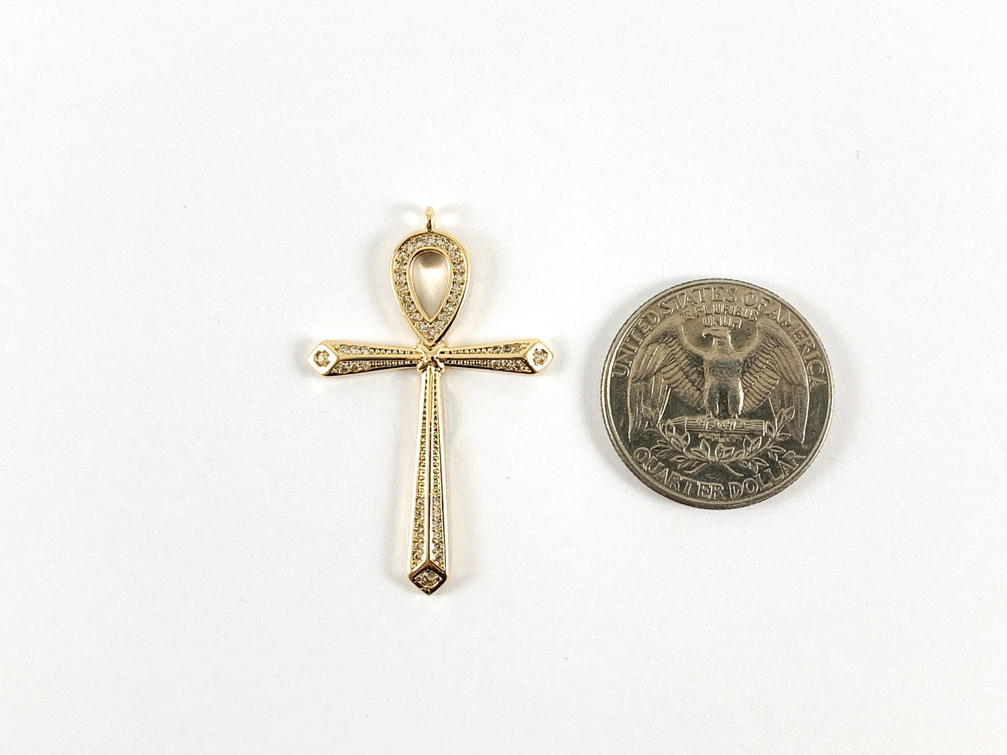 Real Gold 18K Plated Micro CZ Pave Ankh Cross Pendant Over Copper 6pcs