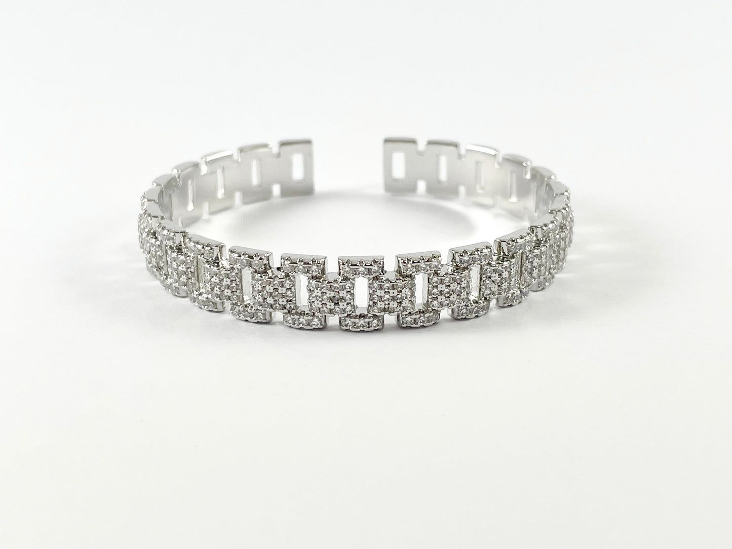 Real Gold/Platinum 18K Plated Copper CZ Pave Rhinestone Rectangle Link Trendy Bracelet Cuffs