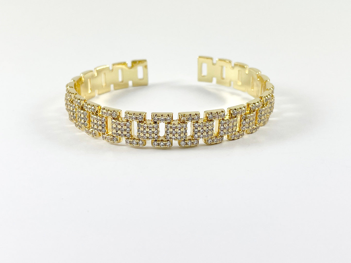 Real Gold/Platinum 18K Plated Copper CZ Pave Rhinestone Rectangle Link Trendy Bracelet Cuffs