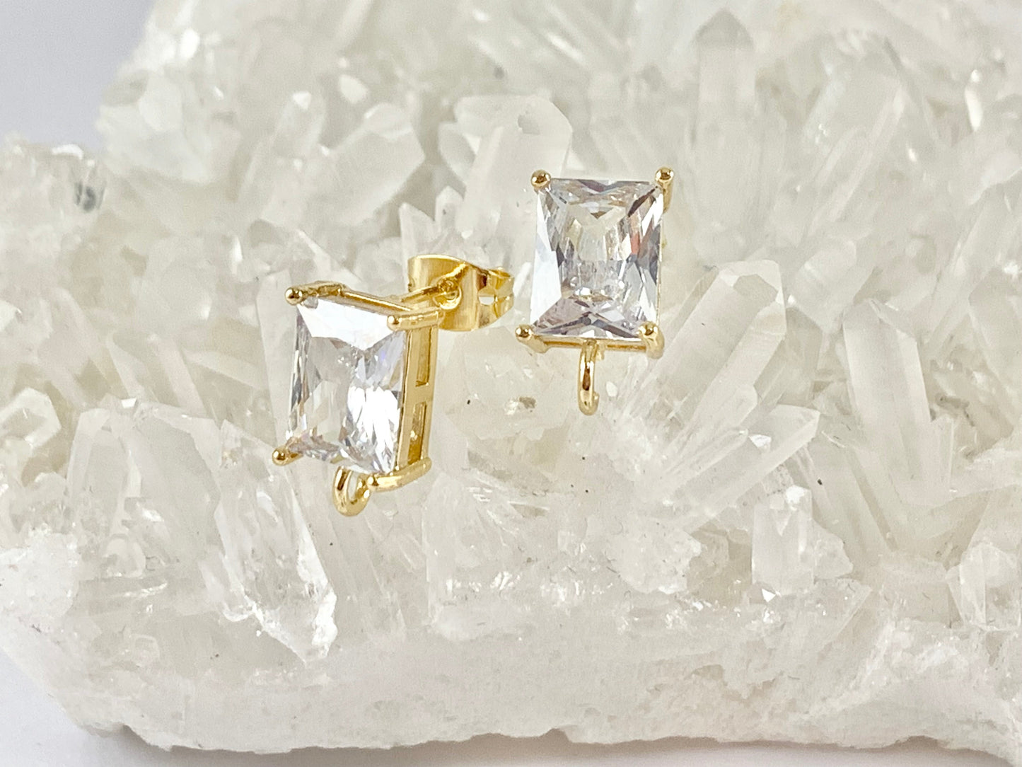 Real 18K Gold Plated Pave Rectangle Earring Stud Component Over Copper 5pairs