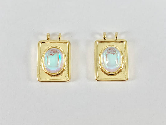 Opalite Oval AB Rectangle Pendants over 18K Gold plated Copper 6 pcs