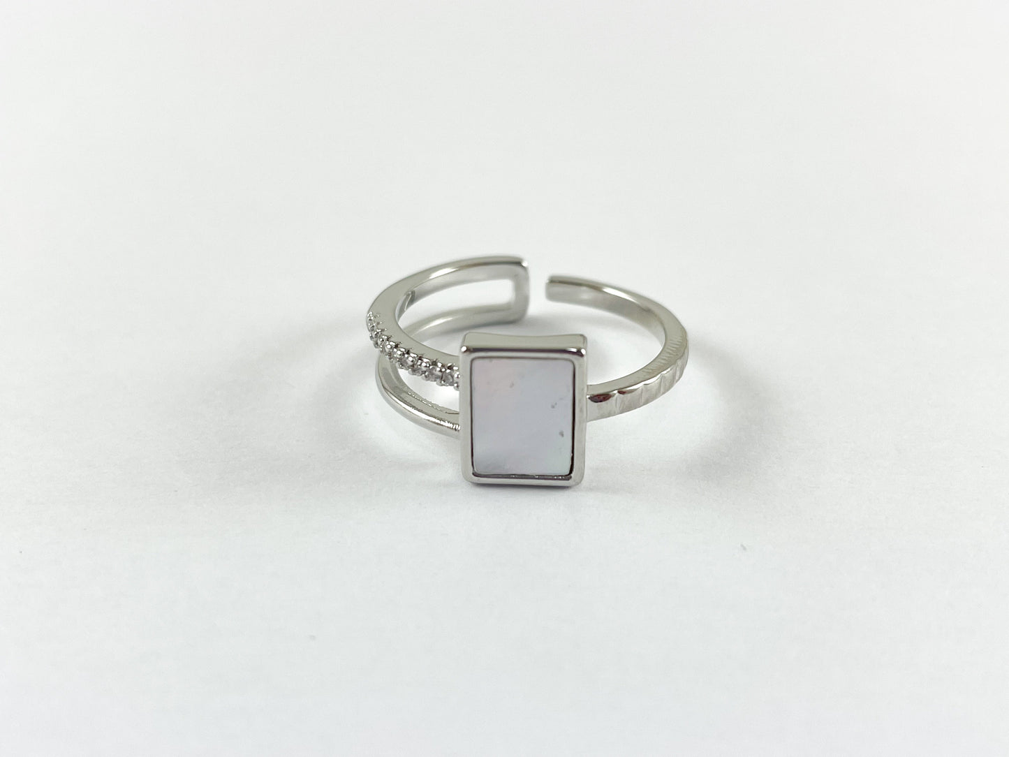 18K Gold/Silver Plated CZ Pave White Lip Shell Pearl Rectangle Double Banded Adjustable Ring 4pcs