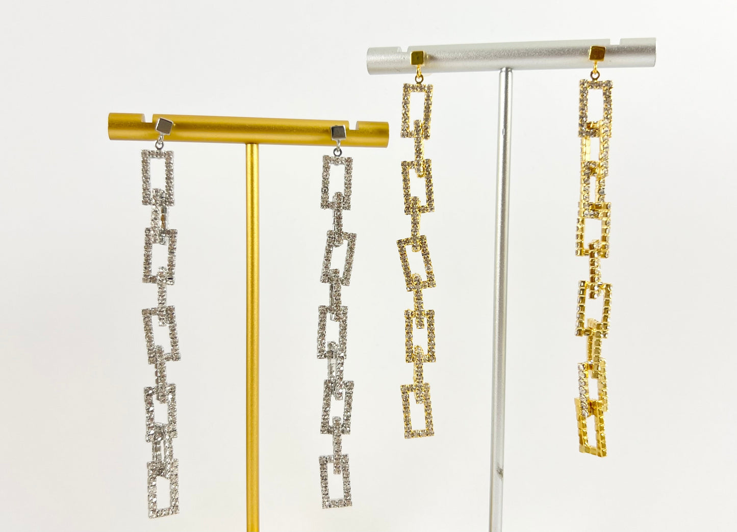 Gold or Silver CZ Pave Rectangle Link Dangle Earrings in 18K Gold Plating over Copper 2 pairs
