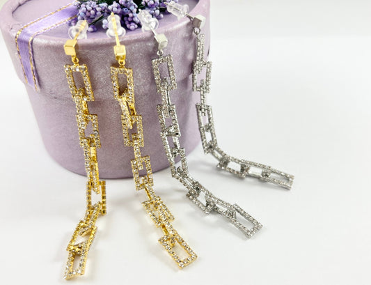 Gold or Silver CZ Pave Rectangle Link Dangle Earrings in 18K Gold Plating over Copper 2 pairs