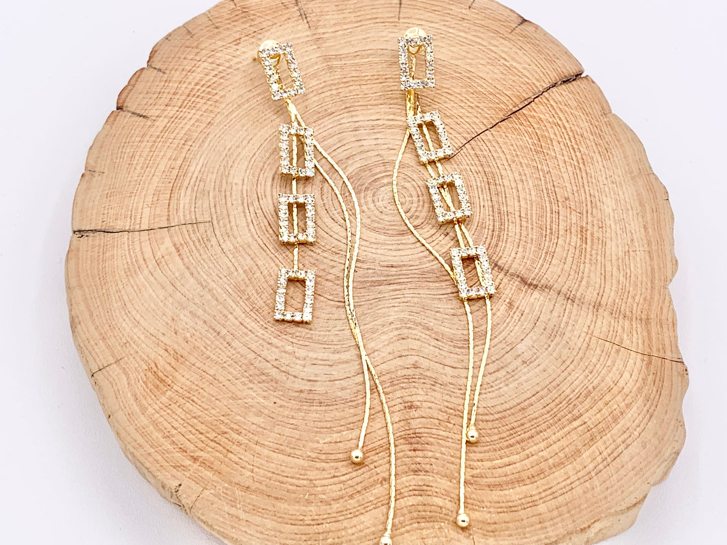 Long Delicate Rectangle CZ Pave Tassel Earrings in 18K Gold or Silver plated over Copper 1 pair