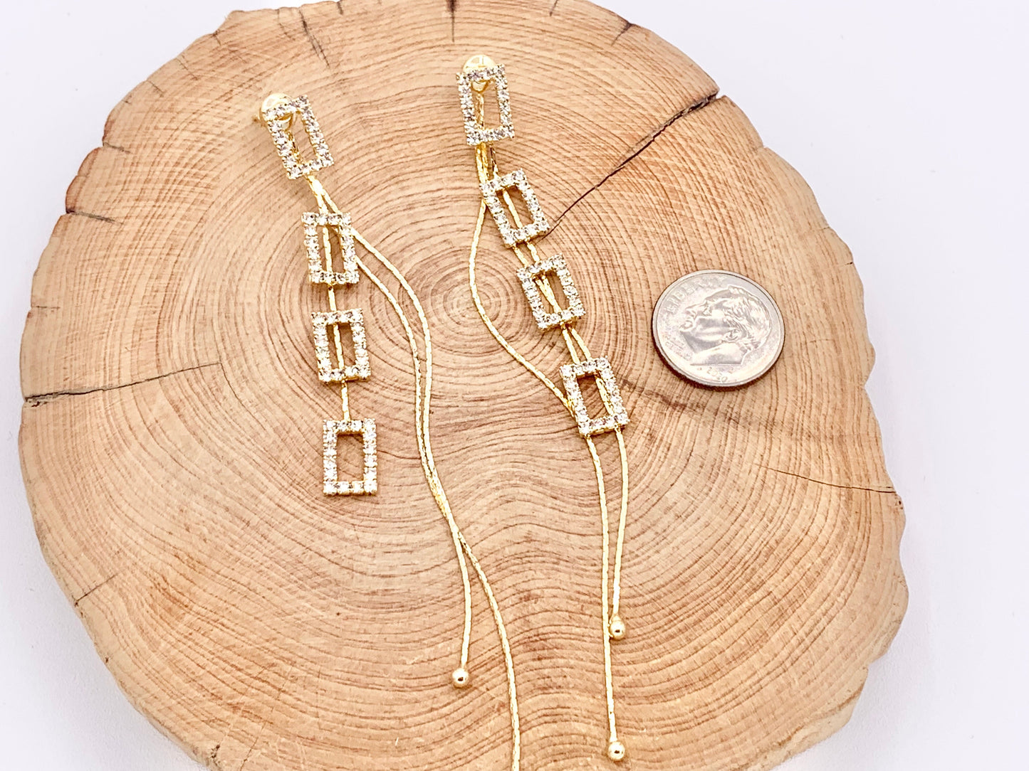 Long Delicate Rectangle CZ Pave Tassel Earrings in 18K Gold or Silver plated over Copper 1 pair