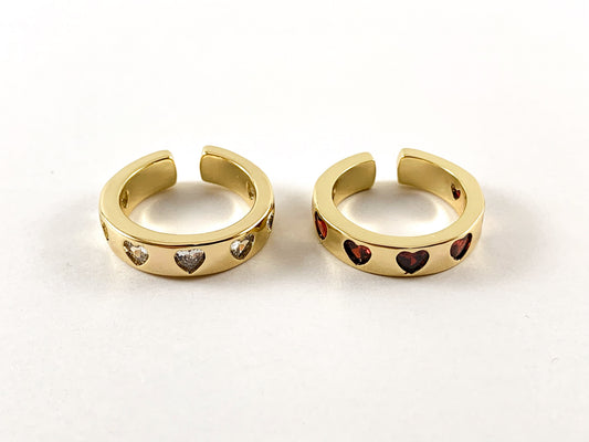 Real Gold 18K Plated CZ Pave Heart Thick Band Adjustable Ring 4pcs Size 6-6.5