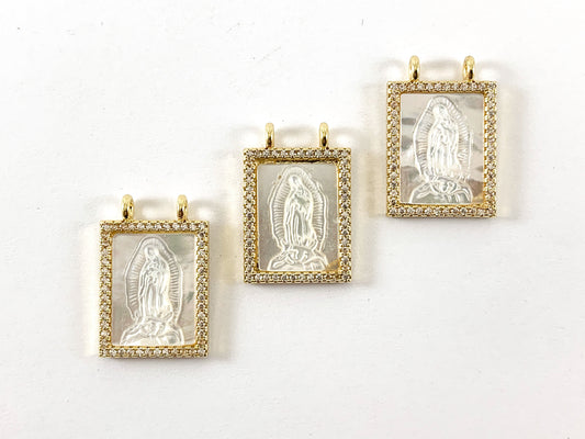 18K Gold Plated CZ Pave Mother Pearl Shell Virgin Mary Charm Connector 3pcs