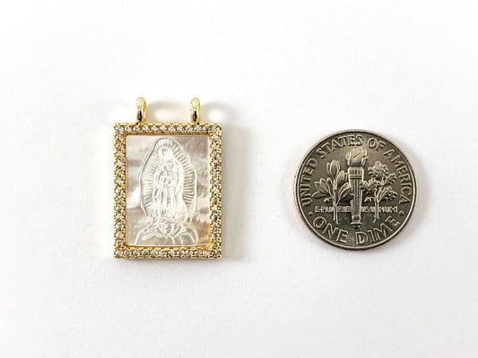 18K Gold Plated CZ Pave Mother Pearl Shell Virgin Mary Charm Connector 3pcs