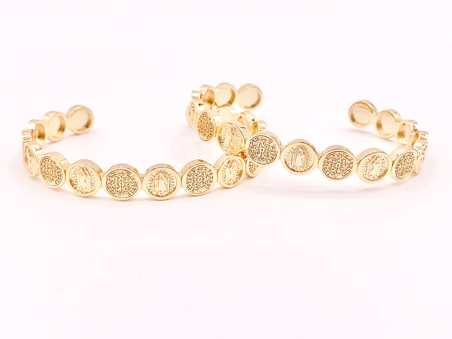 Real Gold 18K Plated Copper Religious Mary St Benedict Coin Adjustable Bracelet Cuff 2 pc