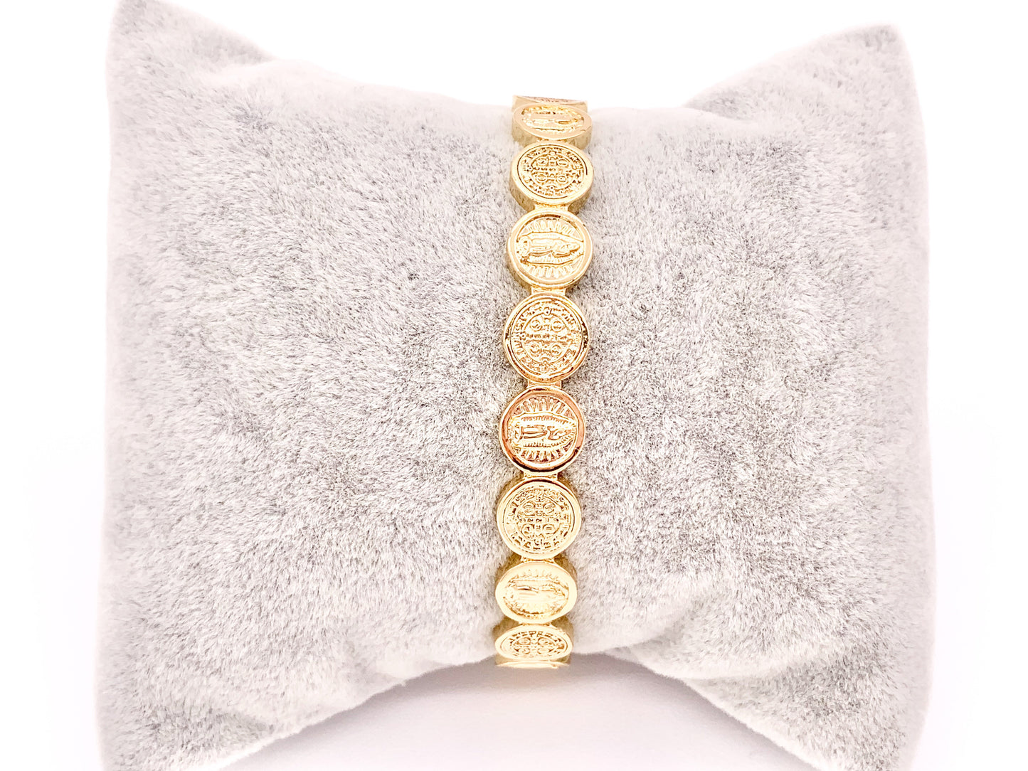 Real Gold 18K Plated Copper Religious Mary St Benedict Coin Adjustable Bracelet Cuff 2 pc