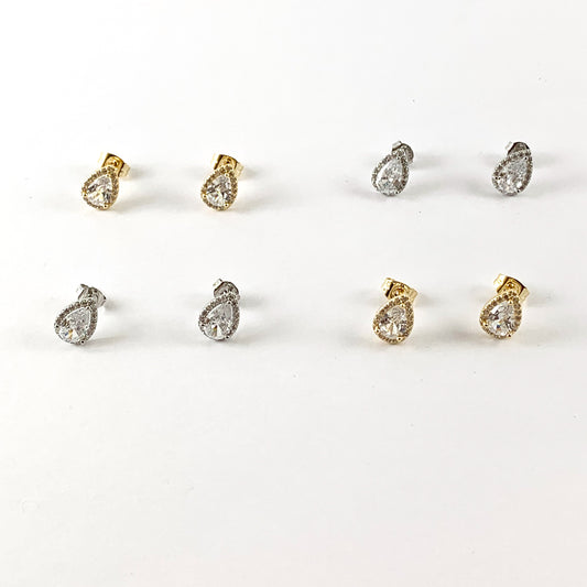 Real 18K Gold / Platinum Plated CZ Pave Teardrop Earring Stud Over Copper 4pairs