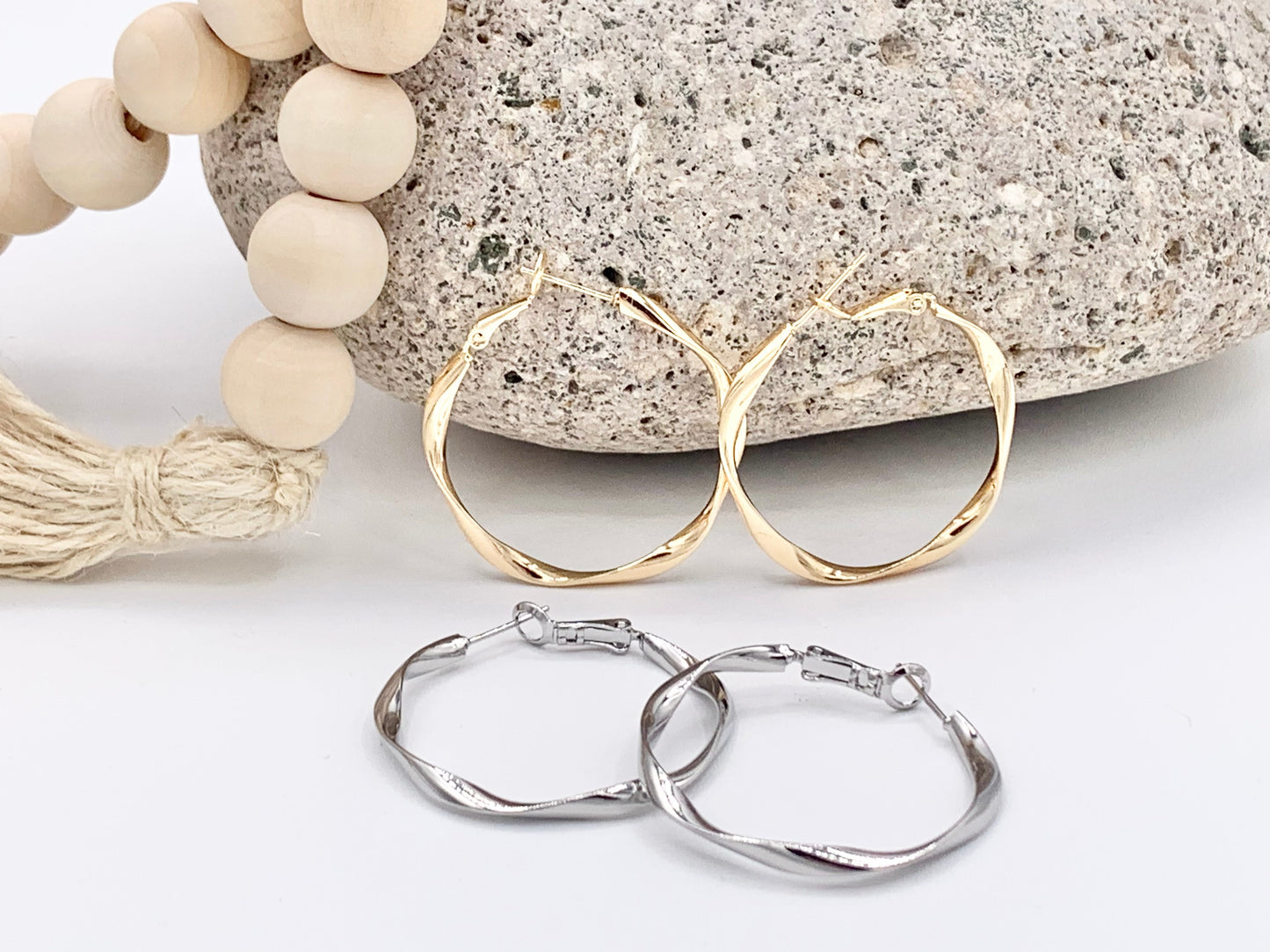Gold Silver Wavy Ribboned Earring Hoops in 18K Gold or Silver Plated Twisted Ribbon Wavy Hoop Earring Over Copper 3 pairs