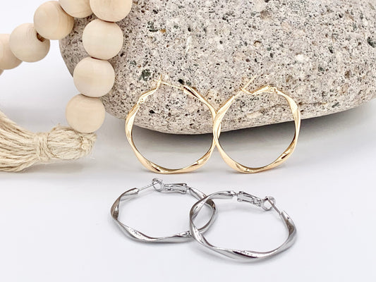 Gold Silver Wavy Ribboned Earring Hoops in 18K Gold or Silver Plated Twisted Ribbon Wavy Hoop Earring Over Copper 3 pairs