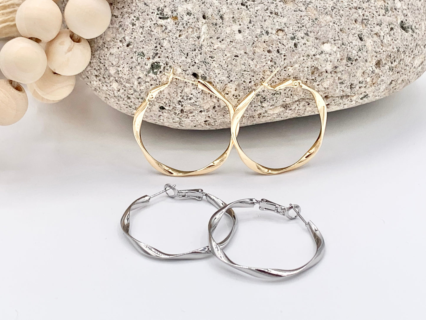 Gold Silver Wavy Ribboned Earring Hoops in 18K Gold or Silver Plated Twisted Ribbon Wavy Hoop Earring Over Copper 3 pairs